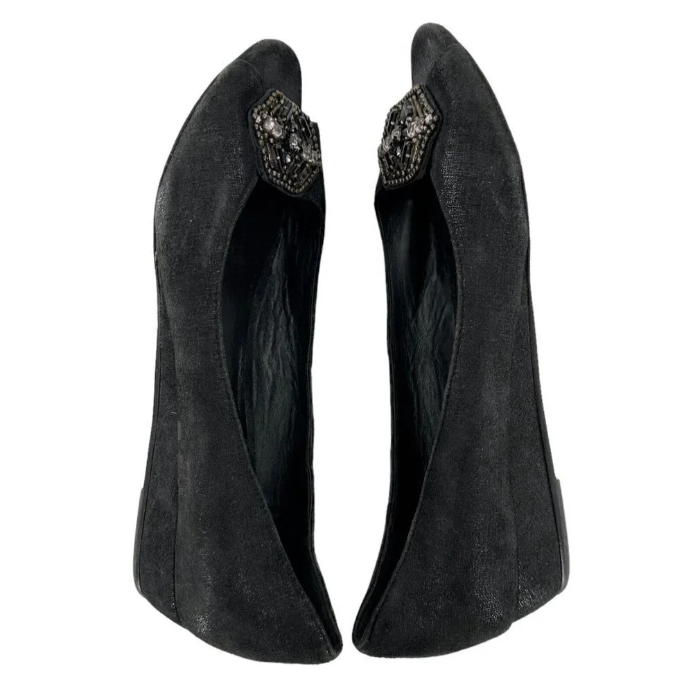 Donald J. Pliner SONET Beaded Black Suede Peep Toe Flats Size 9.5 M